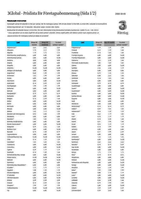 3Global - Prislista för Företagsabonnemang (Sida 1/2) - Tre.se