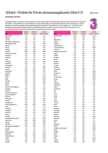 3Global - Prislista för Privata abonnemangskunder (Sida 1/2) - Tre