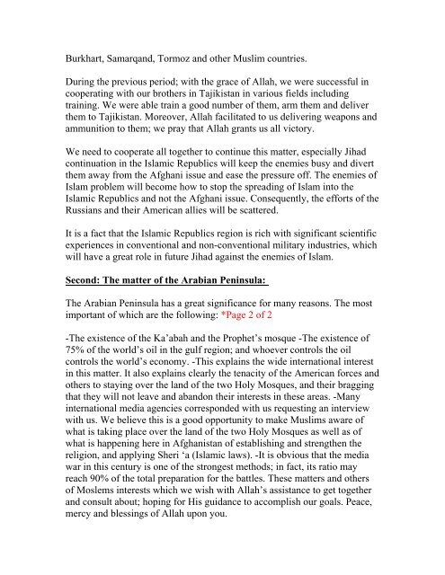 Letter to Mullah Mohammed 'Omar from bin Laden - The Black Vault