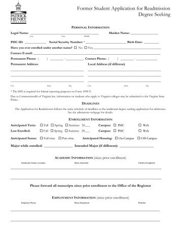 Former Student Application for Readmission - Patrick Henry College