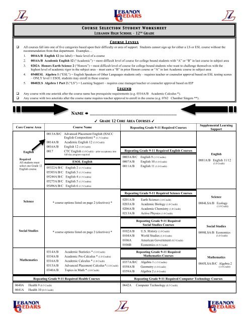 12th Grade Student Course Selection Worksheet 2013-2014