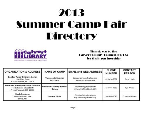 Summer Camp Info - Calvert Library - Lib.md.us
