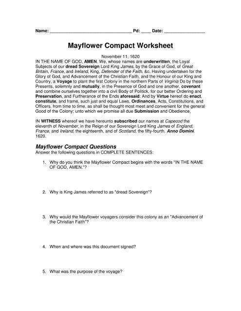 Mayflower Compact Worksheet