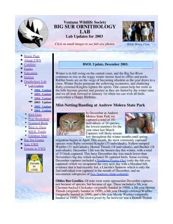 2003 Bird Lab updates - Ventana Wildlife Society