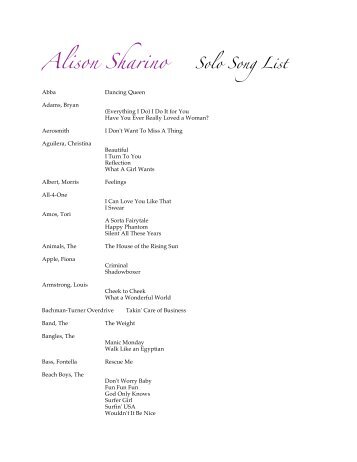 Alison Sharino Solo Song List
