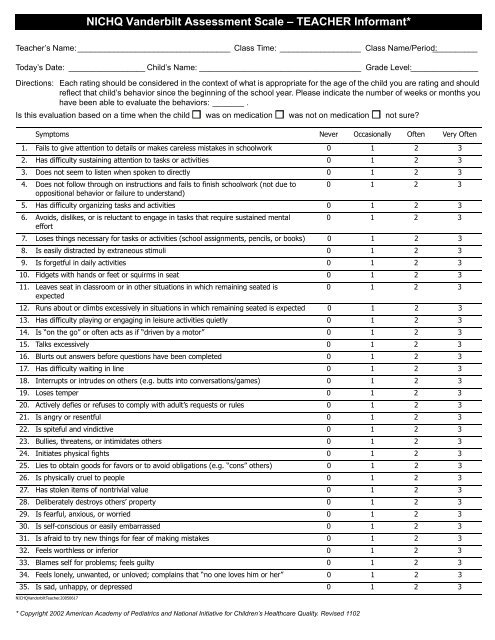 Nichq Vanderbilt Scale For Teens