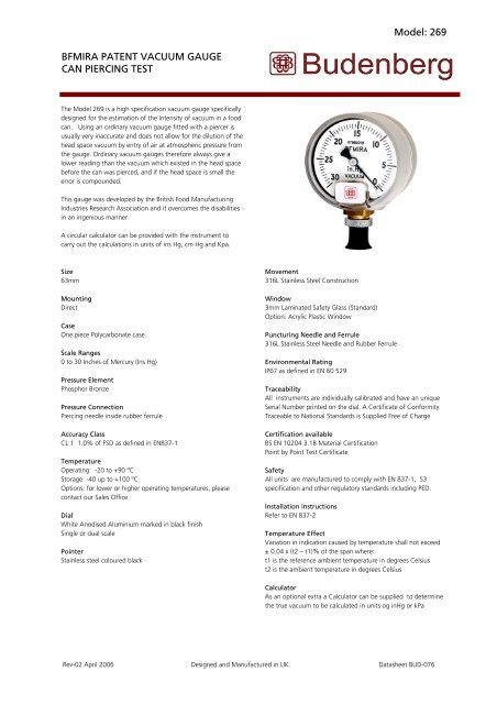 Model: 269 BFMIRA PATENT VACUUM GAUGE CAN PIERCING ...