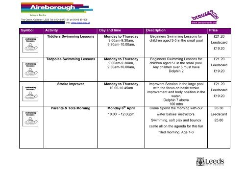 Symbol Activity Day and time Description Price Tiddlers ... - Breeze