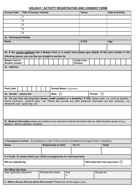 holiday / activity registration and consent form - Breeze