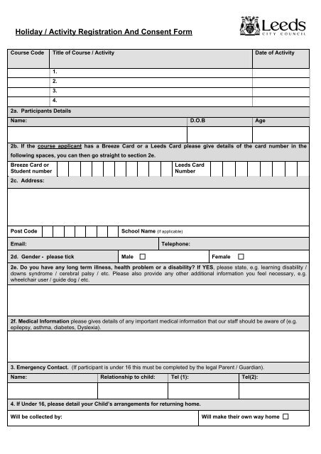 Holiday / Activity Registration And Consent Form - Breeze