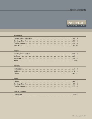 Women's Men's Youth Sun Value Brand Table of Contents