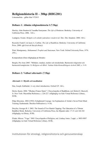 Religionshistoria II RHG201 - litteraturlista vt13 - Institutionen fÃ¶r ...
