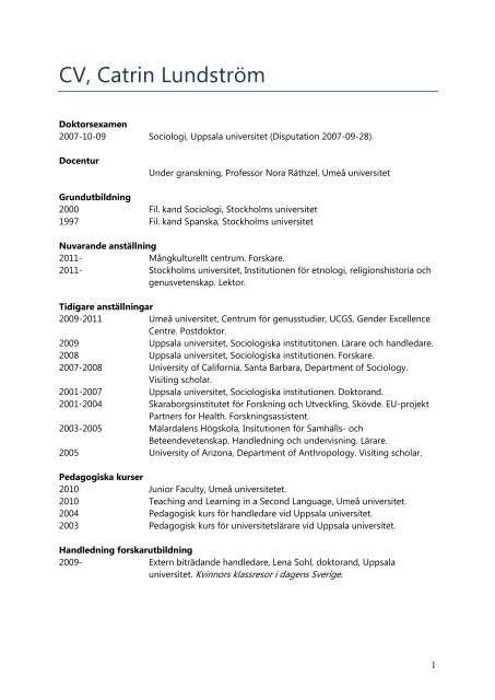 CV, Catrin LundstrÃ¶m - Institutionen fÃ¶r etnologi, religionshistoria ...