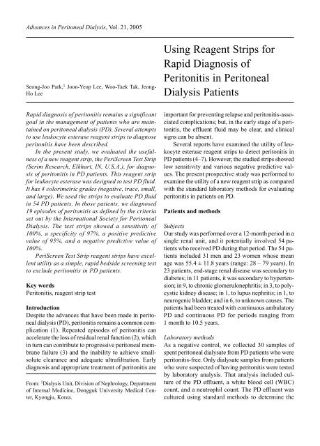 Using Reagent Strips for Rapid Diagnosis of Peritonitis in Peritoneal ...