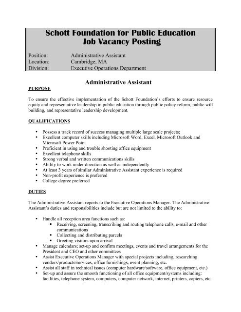 Administrative Assistant Job Description 11-20-08