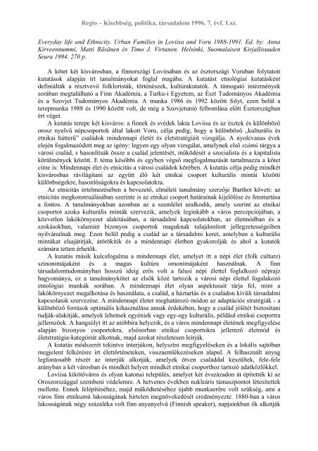 Regio â KisebbsÃ©g, politika, tÃ¡rsadalom 1996. 7. Ã©vf. 1.sz.