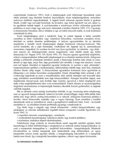 Regio â KisebbsÃ©g, politika, tÃ¡rsadalom 1996. 7. Ã©vf. 1.sz.