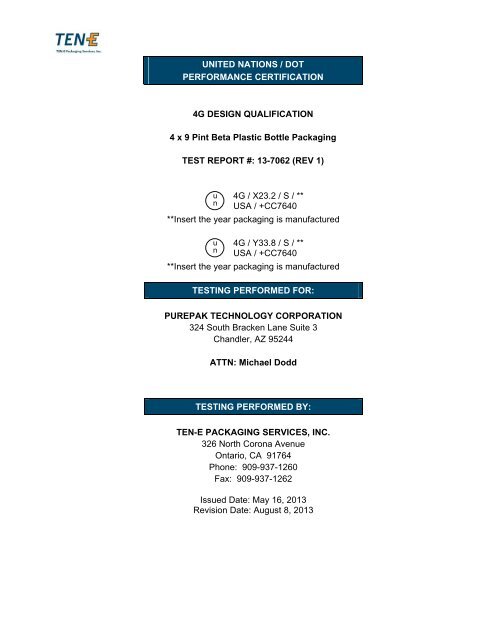 2013 DOT-UN TEST REPORT, Beta Bottle, 38-439, Group I & II ...