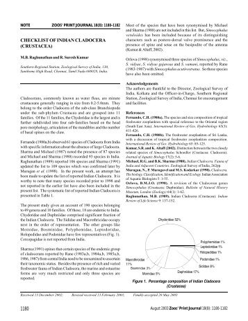 checklist of Indian Cladocera (Crustacea) - ZOOS' PRINT