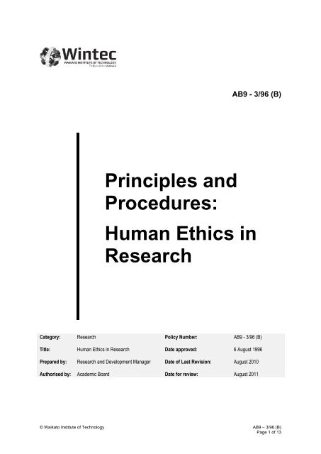 Principles and Procedures: Human Ethics in Research - Wintec