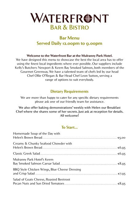 Waterfront Bar Menu. - Mulranny Park Hotel