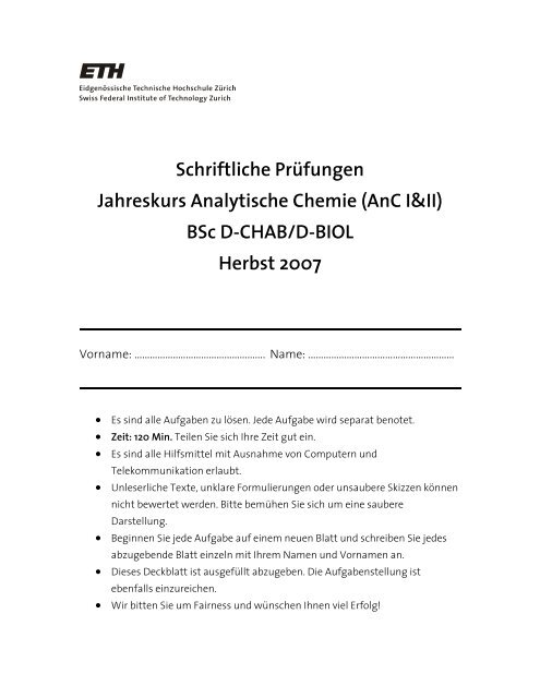 Schriftliche Prüfungen Jahreskurs Analytische Chemie ... - Zenobi