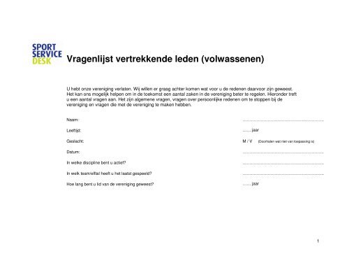 Vragenlijst vertrekkende leden (volwassenen) - Sportservice Desk