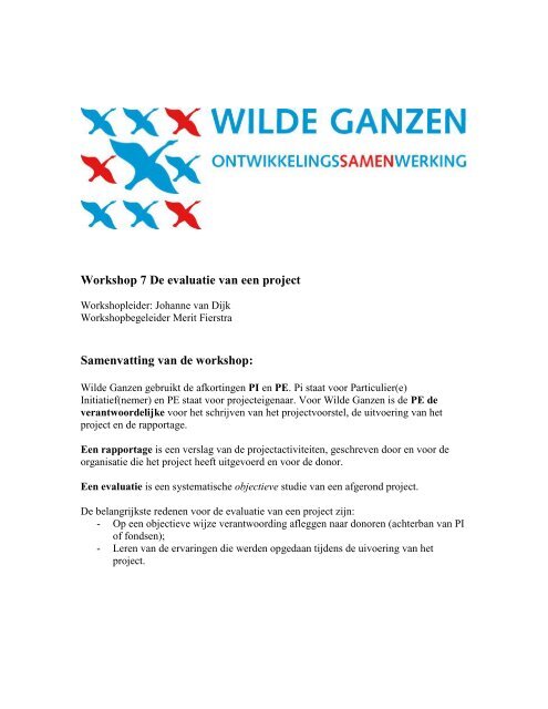 Workshop 7 De evaluatie van een project - Wilde Ganzen