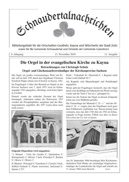 Die Orgel in der evangelischen Kirche zu Kayna Stadt Zeitz