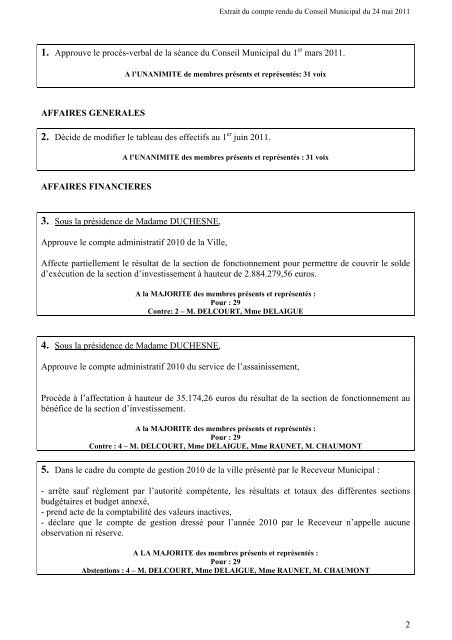 Compte-rendu synthÃ©tique du Conseil municipal du 24 mai 2011