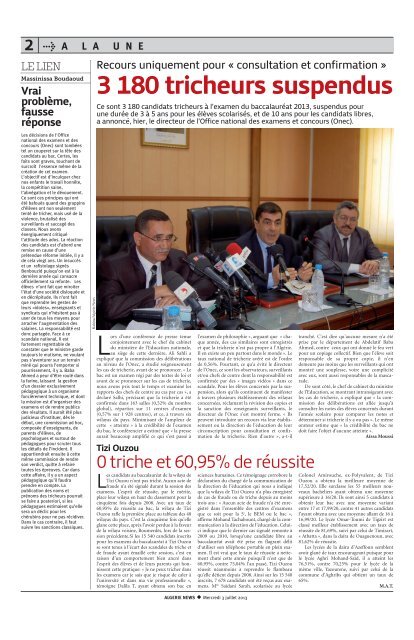 Fr-03-07-2013 - AlgÃ©rie news quotidien national d'information