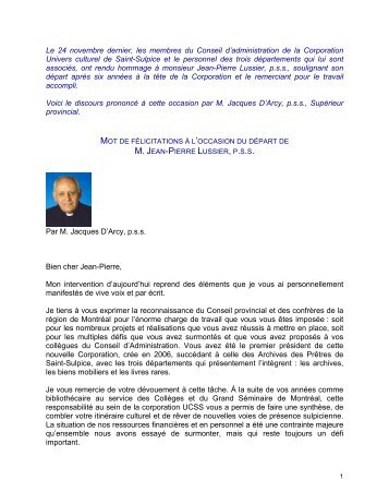 Hommage Ã  M. Jean-Pierre Lussier, p.s.s., PrÃ©sident Ã©mÃ©rite de la ...