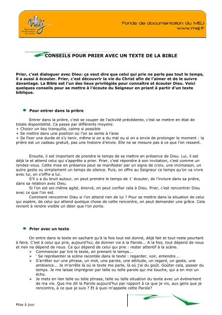 CONSEILS POUR PRIER AVEC UN TEXTE DE LA BIBLE - MEJ