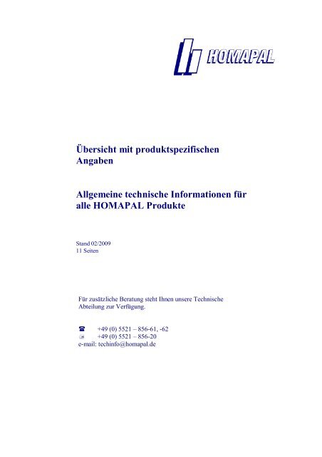 Technische Datenblätter HOMAPAL komplett 2-2009 inkl ...
