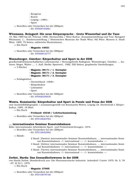 Neukatalogisate ZBSport - Zentralbibliothek der Sportwissenschaften