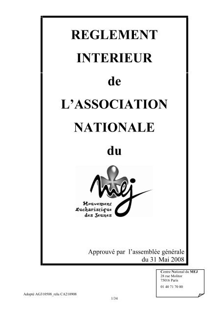 REGLEMENT INTERIEUR de L'ASSOCIATION NATIONALE du - MEJ