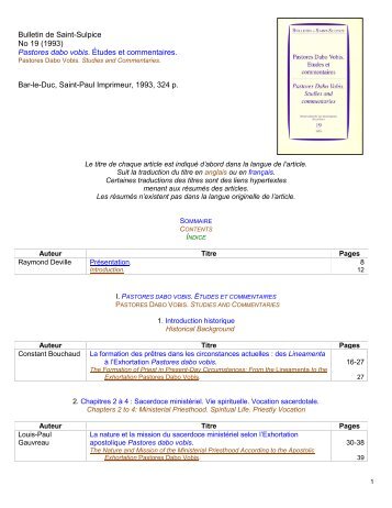 Pastores dabo vobis. Ãtudes et commentaires - Les Sulpiciens de la ...