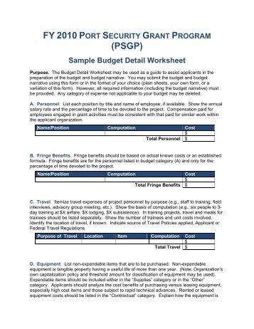 (PSGP) Sample Budget Detail Worksheet