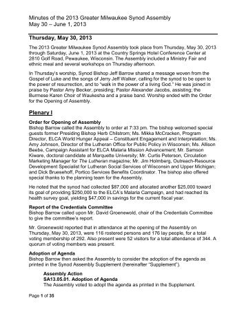 Minutes of the 2013 Greater Milwaukee Synod Assembly May 30 ...