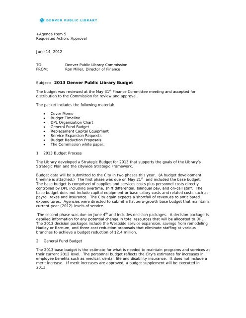 2013 Budget Memo - Denver Public Library