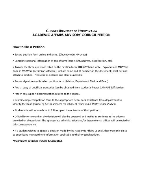 petition form cheyney university of pennsylvania how to word a petition