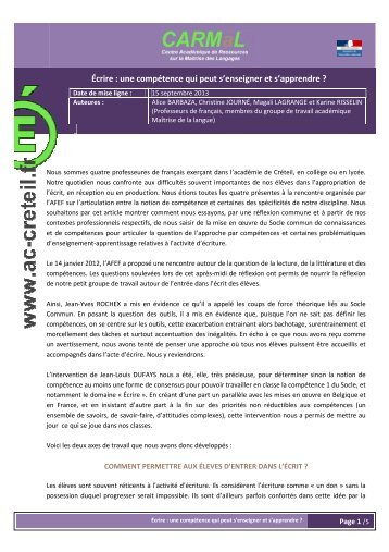 un texte commun - Centre acadÃ©mique de ressources sur la maÃ®trise ...