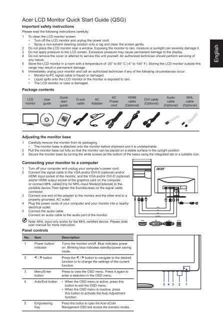 English Acer LCD Monitor Quick Start Guide (QSG)