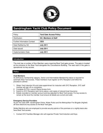 Yard Gate Access Policy - Sandringham Yacht Club