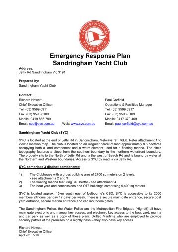 emergency response plan sandringham yacht club contents