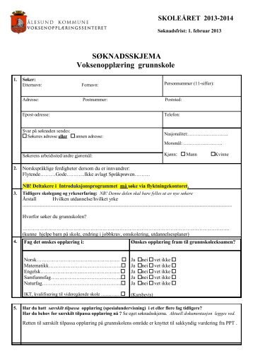 SØKNADSSKJEMA Voksenopplæring grunnskole - Ålesund kommune