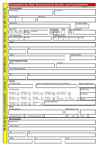 Anmeldeblatt der StÃ¤dt. Berufsschule fÃ¼r das Bau- und Kunsthandwerk