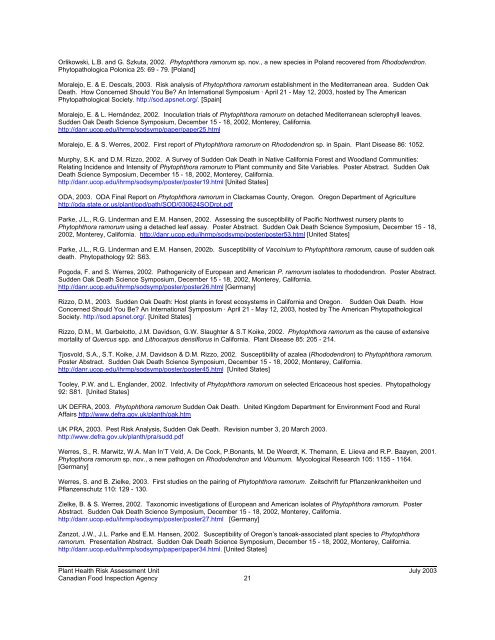 Hosts of Phytophthora ramorum, CFIA, July, 2003 - Sudden Oak Death