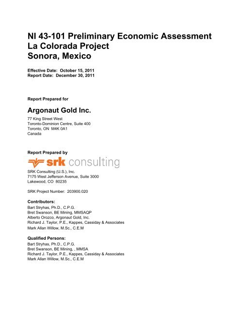 Ni 43 101 Preliminary Economic Assessment La Colorada Project