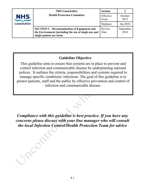 Decontamination of Equipment and the ... - NHS Lanarkshire